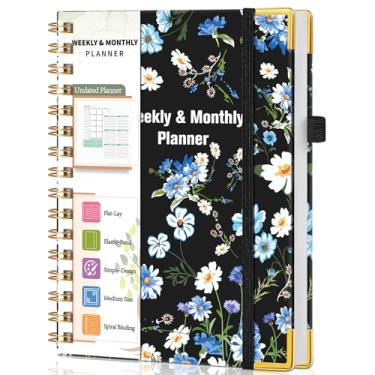 Imagem de Agenda semanal e mensal espiral sem data 2025-2026, planejador de calendário semanal simplificado, organizador diário A5, agenda espiral com rastreador de objetivos e hábitos, 14,6 cm x 21,3 cm, flor