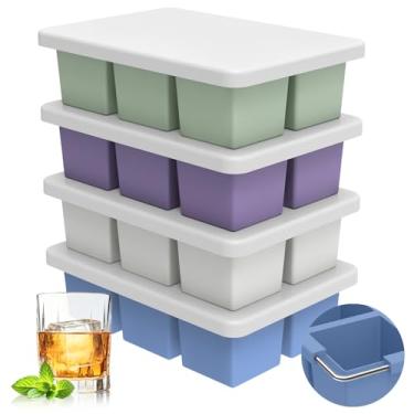 Imagem de mossime Bandeja de cubo de gelo de silicone: 4 pacotes de moldes grandes de cubos de gelo quadrados de uísque - Bandejas antiquadas para cubos de gelo com tampa - Molde grande para freezer de 5 cm de