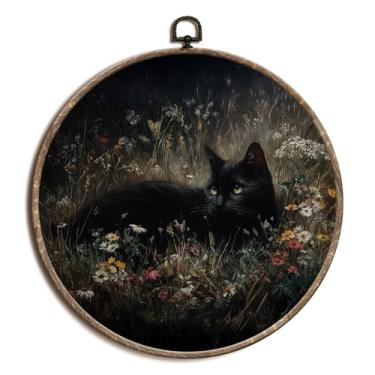 Imagem de laveliabel Black Cat Wildflower Round Canvas Art Wall Decor, Dark Academia Cat Framed Canvas Prints, Moody Gothic Farmhouse Round Hanging Wall Decor for Home Bedroom Gallery, 25 x 25 cm