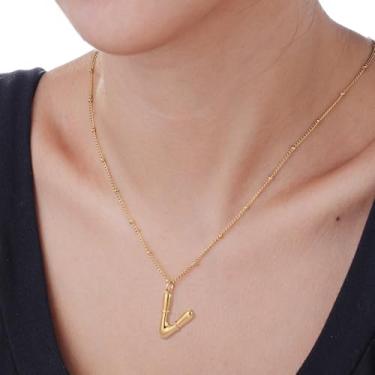 Imagem de Colar com pingente de letra inicial estilo bambu pingente de monograma personalizado em aço inoxidável para uso diário e, F, Aço inoxidável, Sem Pedra Preciosa
