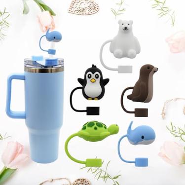 Imagem de 5 peças de tampas de cobertura de formas de animais para copo Stanley, topo fofo 10 mm 1 cm tampas de canudo reutilizáveis