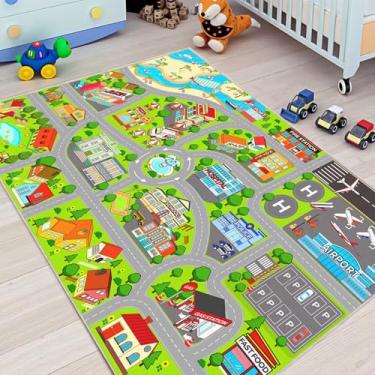Imagem de Tapetes de carro para crianças, carros de brinquedo, tapete de estrada da cidade para sala de jogos, tapete de pista de aeroporto, tapete de brincar de 9,5 x 1,5 m, educativo, aprendizagem, divertido