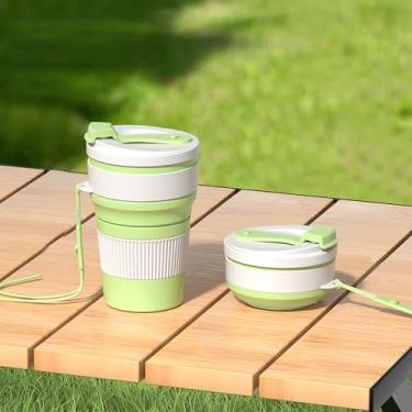 Imagem de Pacote com 1 copo dobrável de 350 ml para viagens, copo de viagem de silicone dobrável para bebidas quentes e frias, caneca de café dobrável de silicone à prova de vazamento para acampamento e