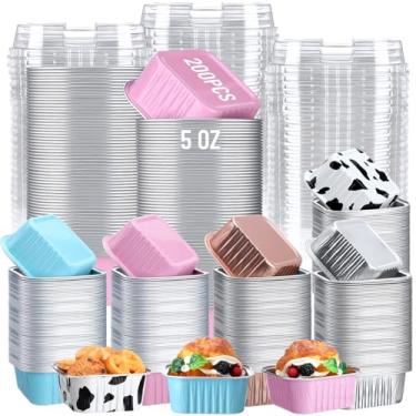 Imagem de FoldTier 200 peças, mini assadeira quadrada de 142 g com tampa, forma de folha de alumínio, forma de cupcake, copo de brownie, descartável, ramequins individuais, recipientes de sobremesa para