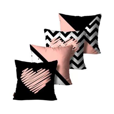 Imagem de Kit com 4 Capas de Almofadas Decorativas Coracao Abstrato Rosa e Preto