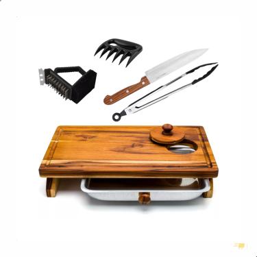 Imagem de Kit Churrasco - Tábua de Madeira com Faca + Pegador + Garra de urso + Escova de aço