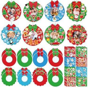 Imagem de Dianelhall 24 conjuntos de porta-retratos de Natal, kit de artesanato, guirlanda de Natal, molduras de Natal, presente com adesivos de Papai Noel, para atividades de festa de Natal em sala de aula