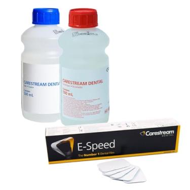 Imagem de Kit Fixador, Revelador e Filme Radiográfico Odontológico, 2 Frascos de 500ml e 150 Filmes Radiográficos