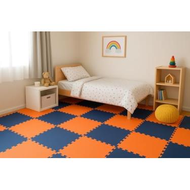 Imagem de Kit 6 Tatames Tapetes EVA 50x50x1cm AZUL MARINHO e LARANJA Linha Premium com Bordas de Acabamento