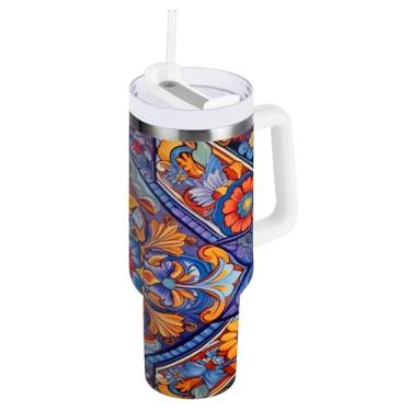 Imagem de Blueangle Copo isolado de 1,134 g com alça e tampa de canudo - Caneca de viagem de aço inoxidável à prova de vazamento, garrafa de água de cerâmica mexicana a vácuo de parede dupla (584)