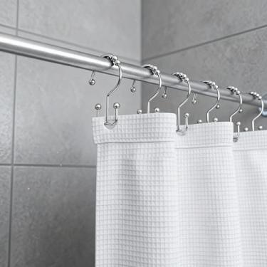 Imagem de 12 anéis de ganchos de cortina de chuveiro, anéis de metal resistente à ferrugem, ganchos de chuveiro deslizantes duplos para cortinas de varões de chuveiro de banheiro