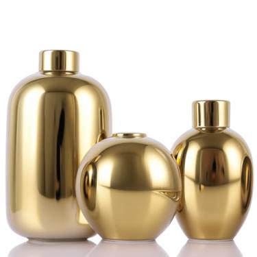 Imagem de Conjunto de 3 vasos de cerâmica, vasos decorativos modernos para decoração de casa, centro de mesa de luxo (todos dourados)