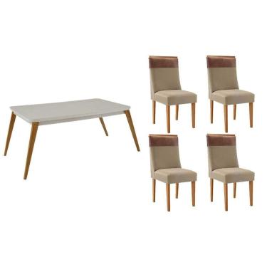 Imagem de Sala Jantar Mesa Havana Tampo c/ Vidro Curvo 120cm+4 Cadeiras Jaspe Madeira Naturale/Off White - Capuccino/Linho Bege - Rufato