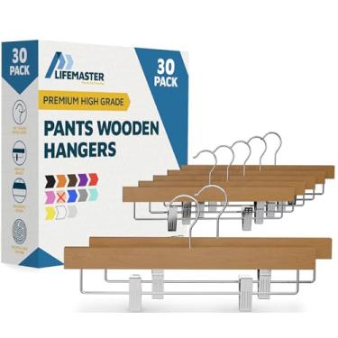 Imagem de Cabides de madeira de cor natural, pacote com 30, cabide de madeira de lótus com clipes antiderrapantes ajustáveis, capacidade de 4,5 kg, gancho giratório de 360°, design fino e econômico para calças