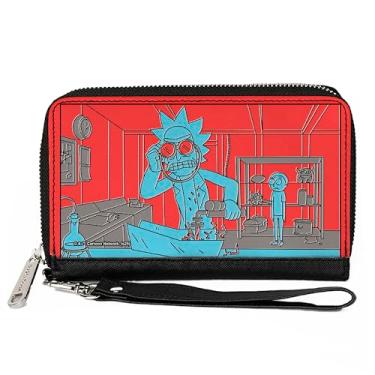 Imagem de Buckle-Down Carteira Rick and Morty, zíper ao redor, Rick and Morty Welding Lab Scene Red Blue Gray, couro vegano