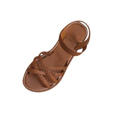 Imagem de Sandálias rasteiras de praia com tira elástica aberta para mulheres verão casual, Marrom, 36