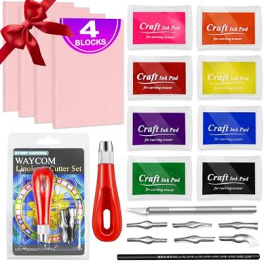 Imagem de WAYCOM Kit de fabricação de carimbos de borracha, conjunto de cortador de linóleo, almofada de tinta artesanal, faca de passatempo, lápis para artesanato de entalhe de carimbos DIY