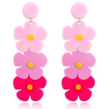 Imagem de Mintolex Brincos de flor em camadas de primavera para mulheres, brincos de acrílico com pingente de gota floral leve gradiente para roupas de primavera, Acrílico, Sem pedra preciosa
