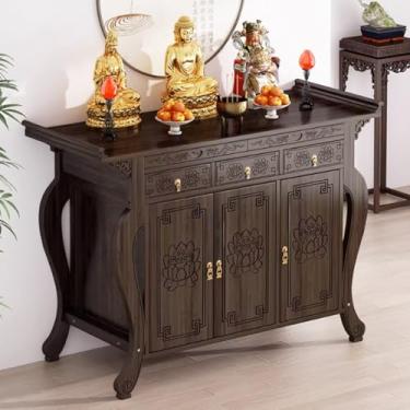 Imagem de Mesa de altar de Buda de bambu com armazenamento, armário de meditação vintage, mesa de oferta chinesa - Nicho de santuário simples para decoração de casa (140 x 39,9 x 99,8 cm)