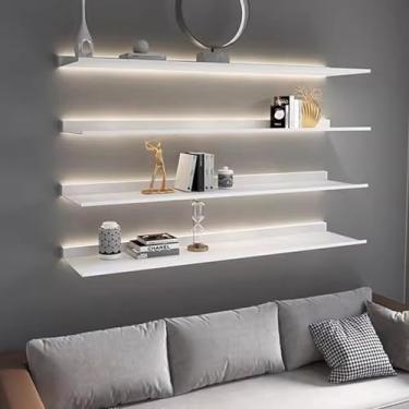 Imagem de Prateleiras de parede flutuantes, uma palavra com luzes divisória sala de estar prateleira de ferro montada na parede estante LED laminado emissão de luz nas prateleiras de parede (Cor: Cinza, Tamanho