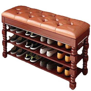 Imagem de Pequeno banco de armazenamento de sapatos com almofada acolchoada, moldura de madeira maciça e assento de couro PU, organizador de sapatos de entrada para sala de estar - banco de sapatos elegante e
