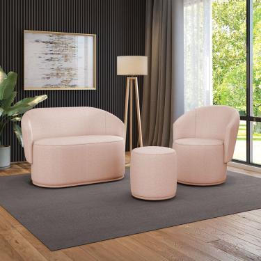 Imagem de Sofá Namoradeira Com Poltrona E Puff Orgânico Sala Malu Bouclê Rosê M11 - D'rossi