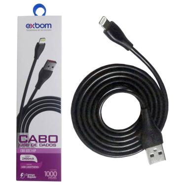 Imagem de Cabo Lightning 2.4A Turbo com 1 Metro Emborrachado para Dados e Carregamento CBX-U2C14IP Exbom Preto