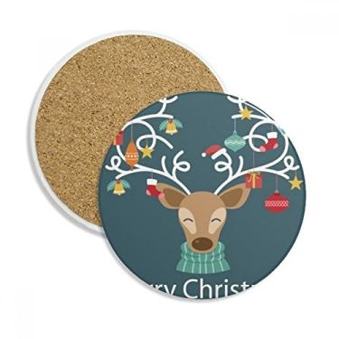 Imagem de Caneca de alce de Natal com estampa de sino para muleta e porta-copos com proteção de mesa, pedra absorvente