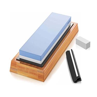 Imagem de SooGree Kit de pedra de amolar de faca – Afiador profissional de pedra de amolar de 2 lados, conjunto de grãos 1000/6000 com base de bambu e guia de ângulo da lâmina