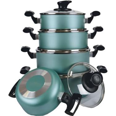 Imagem de Jogo de Panelas 5 Peças Grossa Verde Tiffany Teflon Preto Com Tampa de Vidro
