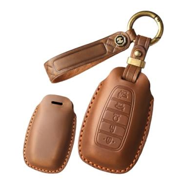 Imagem de HIBEYO Capa de chaveiro de couro genuíno personalizável com 5 botões compatível com Hyundai Palisade Elantra Kona Azera Santa Grandeur IG 2024 Acessórios Capa de chave personalizada - 5 botões marrom