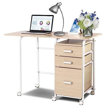 Imagem de Mesa dobrável para laptop com 3 gavetas, mesa de laptop com rodas com moldura de metal, mesa dobrável com rodinhas para escritório em casa, espaço pequeno (natural)