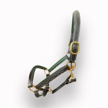 Imagem de SIE Cabresto de couro ajustável acolchoado com ponto chique para cavalos (frente única preta - enchimento verde, rascunho)