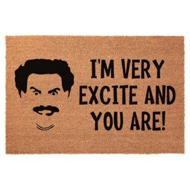 Imagem de Capacho engraçado de coco I'm Very Excite and You are Tapete de entrada ao ar livre com tapetes de boas-vindas para varanda frontal resistente, tapete de entrada natural marrom coco novidade presente