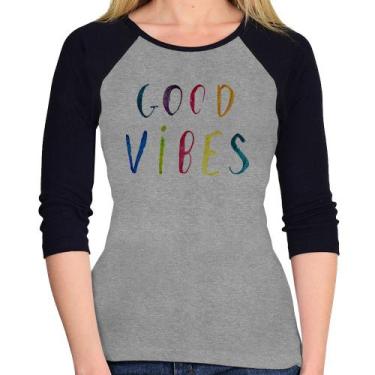 Imagem de Baby Look Raglan Good Vibes Cores Manga 3/4 - Foca na Moda, Cinza, Pre