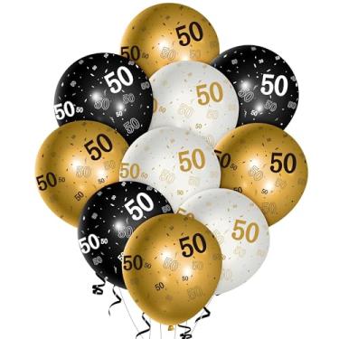 Imagem de Balão de látex de 50 anos de 36 peças, balões impressos com número de 30 cm para decoração de festa temática de 50 anos, decoração interna, ouro preto e branco balão de feliz aniversário para decoração de festa de 50 anos