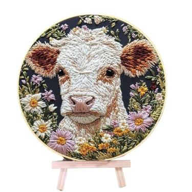 Imagem de Beginner Embroidery Kit Cow Daisy Flower Embroidery Punch Needle Kit Colorful Handmade Craft Set Includes Embroidery Hoop Cloth