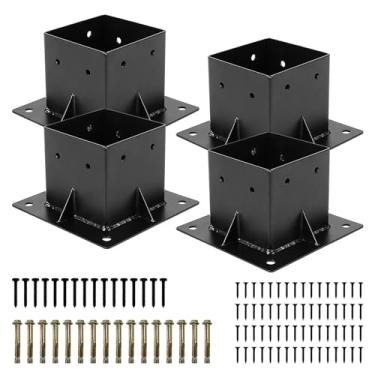 Imagem de Rasugarlary Base de poste 4x4 4 peças, base de âncora de poste de deck (interior 9 x 9 cm) suporte de poste revestido de pó preto suportes de pérgola de cerca de madeira para varanda de corrimão de