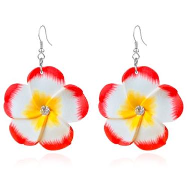 Imagem de QUPENGXU 4 pares de brincos de zircônia cúbica havaiana plumeria rubra para mulheres, boêmia, flores tropicais, luau, acessórios de joias para festa na praia, trumpet, Resina, Sem pedra preciosa