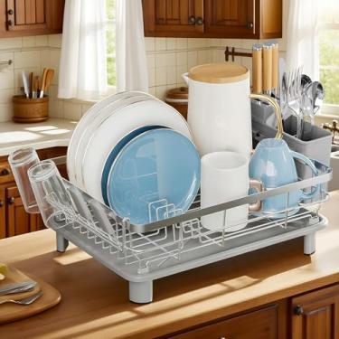 Imagem de MOUKABAL Escorredor de pratos - Escorredor de pratos de aço inoxidável, escorredor de pratos para balcão de cozinha, escorredor de cozinha com suporte de utensílios removível, escorredor e organizador