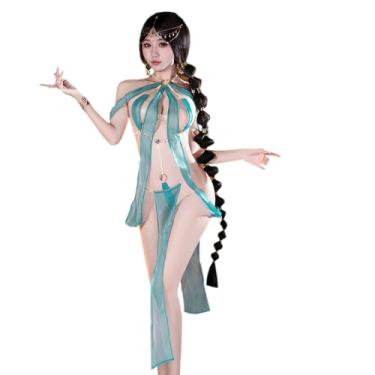 Imagem de SENJIY Vestido sexy de dança do ventre árabe para mulheres, lingerie, fantasia, anime, cosplay, noite, cheongsam, fenda alta, fofo, exótico, encenação, sutiã frente única, conjunto de saia longa