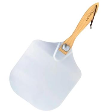 Imagem de OVTHMT Peeling de pizza de 35,5 cm, pá de pizza de alumínio, 35,5 x 40,6 cm, com cabo de madeira dobrável, casca de pizza, espátula de pizza para forno, pão, pastelaria, massa, bolo, espátula de pizza