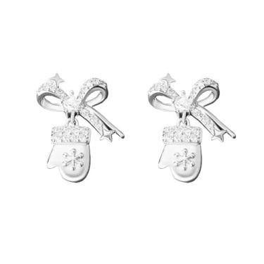 Imagem de Brincos femininos com laço de diamante para cartilagem de árvore de Natal - CZ pérola chapéu de Papai Noel, luvas de boneco de neve, tragus, brincos de costas planas, joias fofas de Natal 20G, 20g