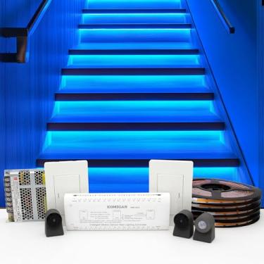 Imagem de KOMIGAN Kit de iluminação de escada LED acionado por movimento inteligente KMG-3233, fita de luz de LED cortável de 101,6 cm para luzes de escada LED internas (cor azul gelo, 16 escadas)