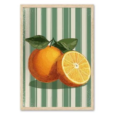 Imagem de Pintura de frutas laranjas vintage cozinha fruta pôster verde listrado arte de parede estética laranja arte de parede moderno minimalista verde imagem vintage cozinha comida arte de parede para sala