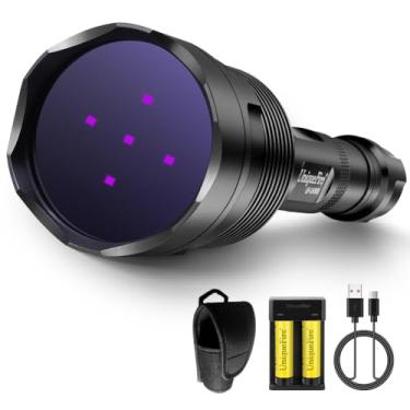Imagem de UniqueFire Lanterna UV de luz negra de 365 nm com 5 LEDs, luz UV profissional, lanterna de luz negra potente de 50 W, recarregável para encontrar urina de animais de estimação e minerais, detecção de