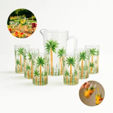 Imagem de Conjunto Jarra Com 6 Copos De Cristal Palm Tree Handpaint Vidro Fino, 