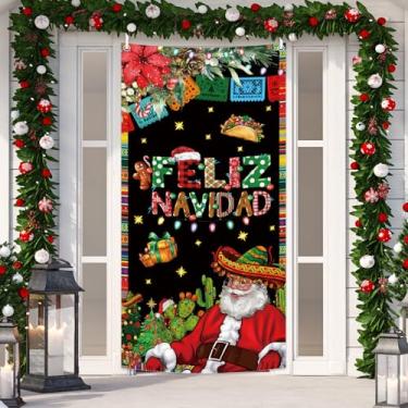 Imagem de AIBIIN Capa de porta de Natal mexicana, Feliz Navidad cenário de cabine de fotos mexicano Natal inverno suprimentos de festa decoração de porta banner 1,8 x 1,1 m