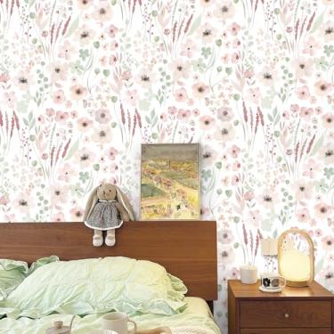 Imagem de Yasinet Papel de parede floral rosa boho papel de parede rosa e branco de contato para quarto de meninas papel de parede removível para armários vinil autoadesivo 43,9 cm x 1,000 cm