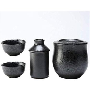 Imagem de Conjunto tradicional de copos de saquê com design manual, conjunto de 4 peças de saquê, conjunto de copos de vinho japonês com panela de aquecimento, copos de cerâmica esmaltados pretos de textura